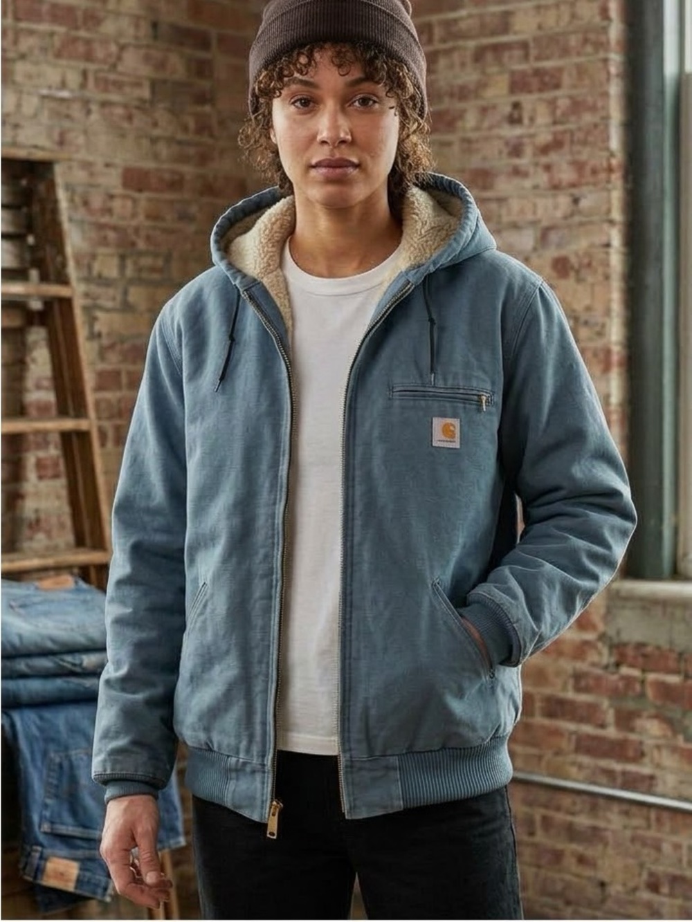 Carhartt Hooded Bomber Jacket in Slate Blue-Green